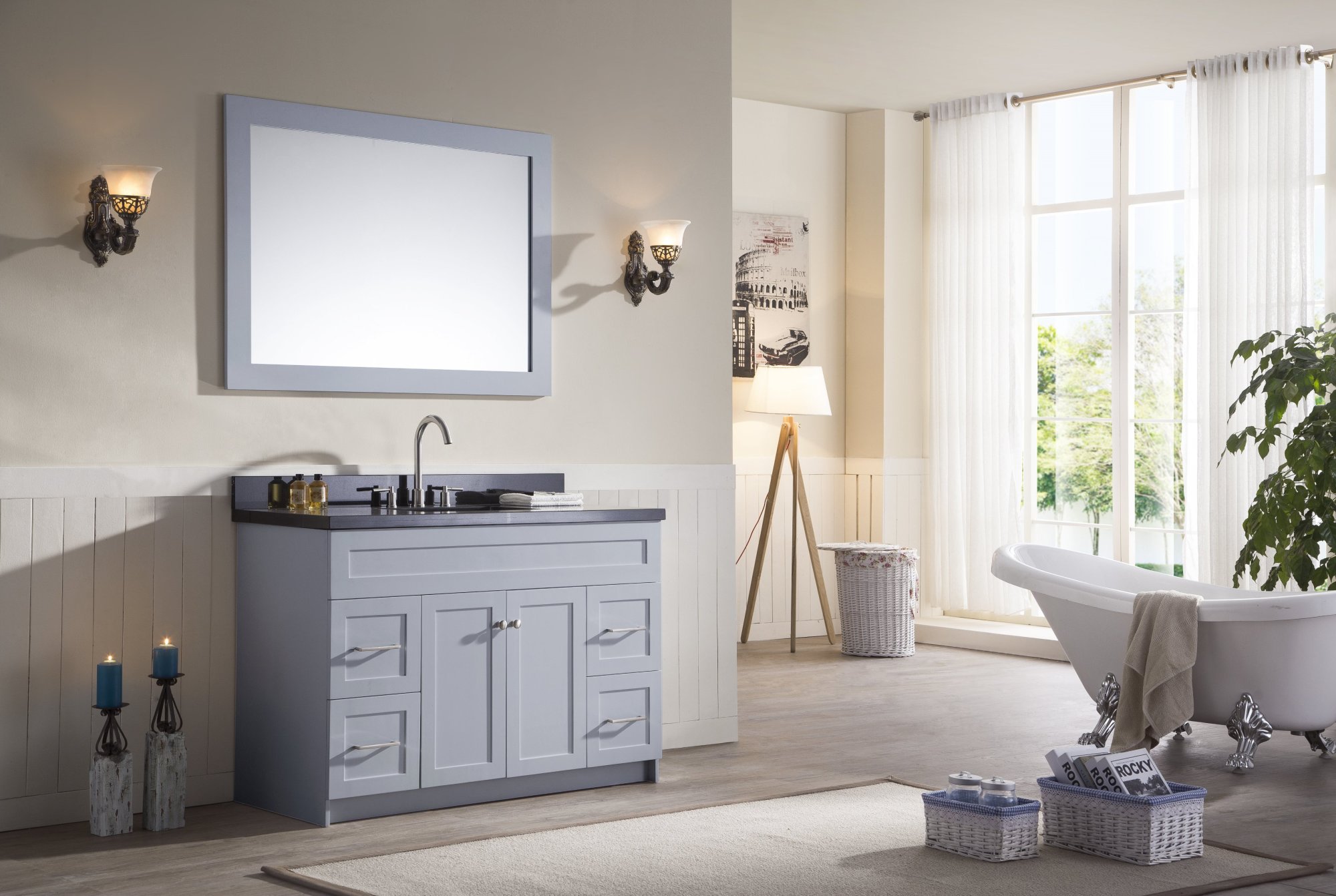 ARIEL Hamlet 49 in. Bath Vanity in Black with Granite Vanity Top in Absolute Black with White Basin and Mirror