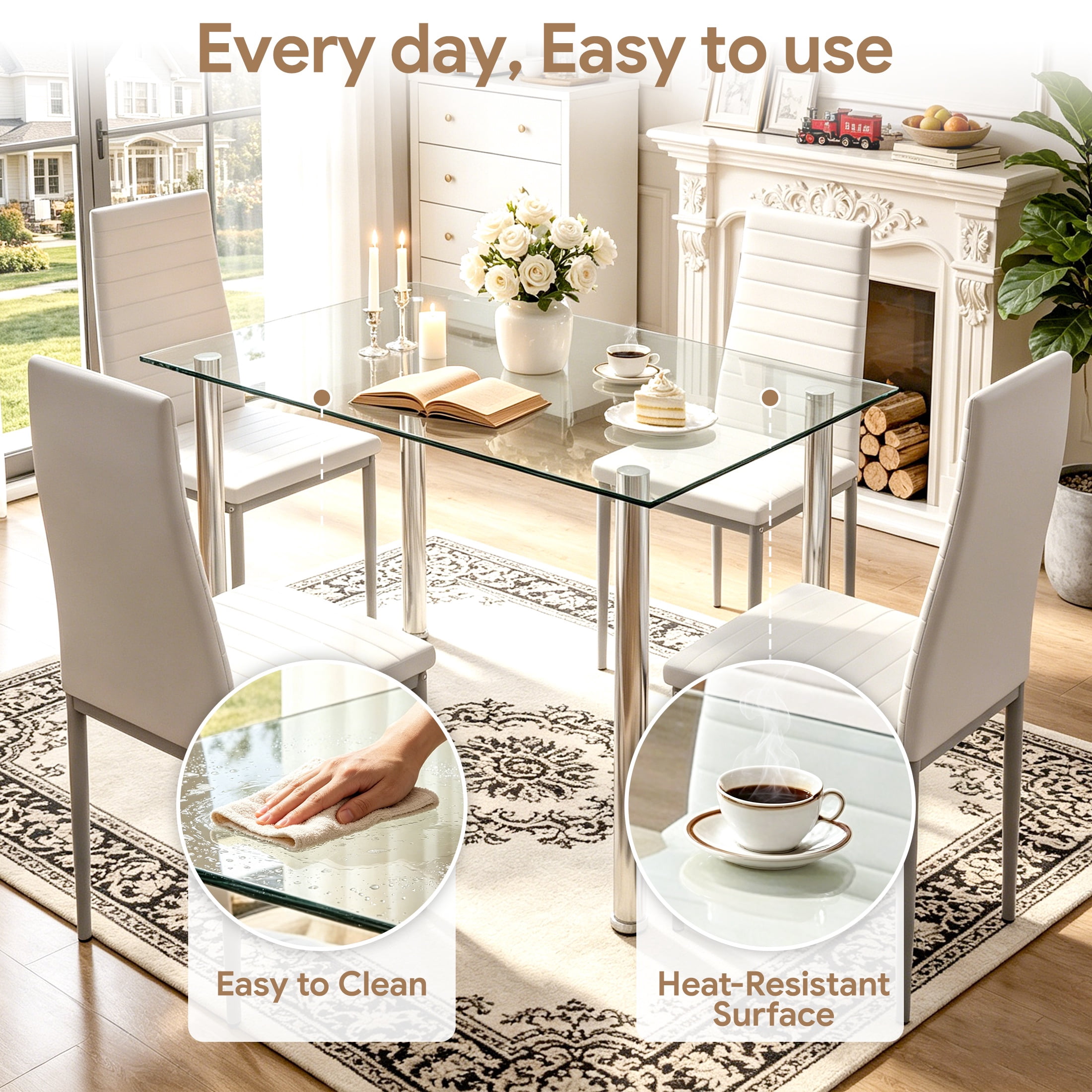 UHOMEPRO White Kitchen Table Set, 5 Pieces Dining Table Set, Tempered Glass Dining Table and Chairs Set for 4, Upgraded Iron Dining Room Table Set with 4 PU Leather Chairs