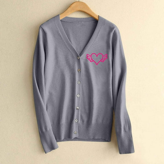 GUZOM Sweaters Womens Gray Acrylic Cardigan with Pink Heart Wings - Loose V-Neck S-XXXL for Casual Office Layering Everyday Wear,Size S