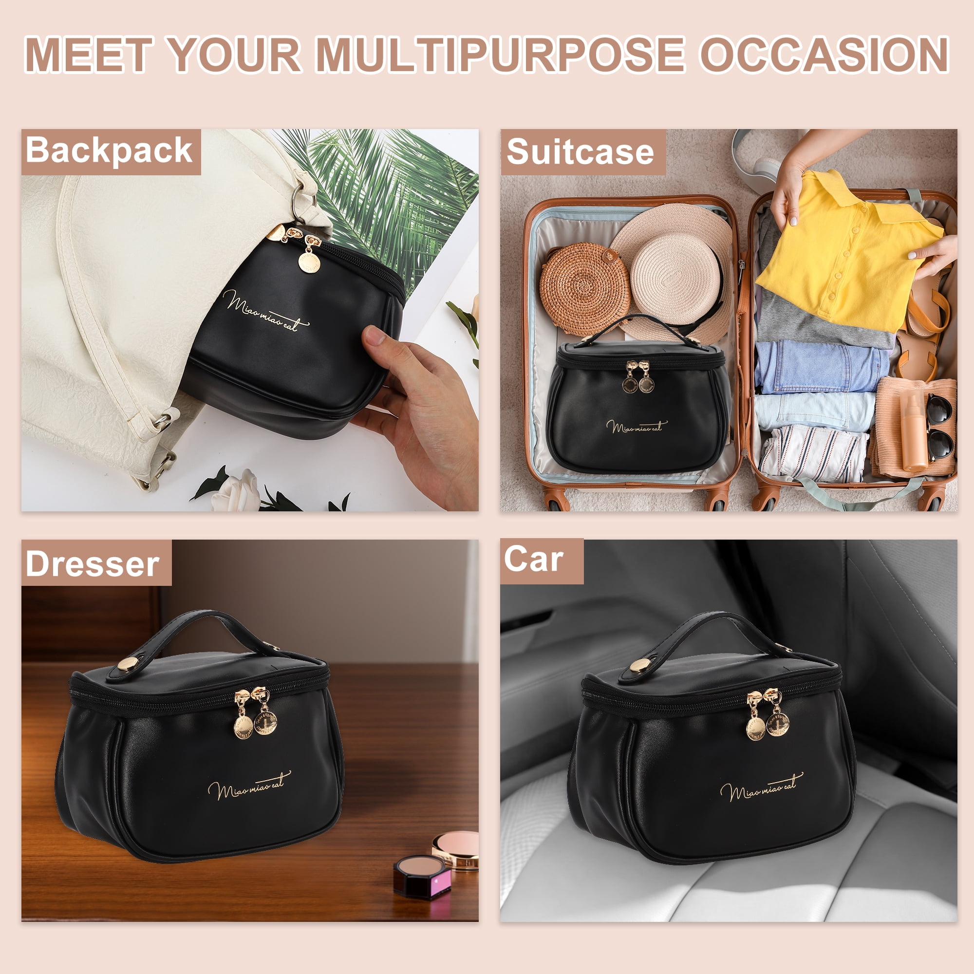 Unique Bargains PU Leather Travel Cosmetic Waterproof Durable Bag for Toiletry Black
