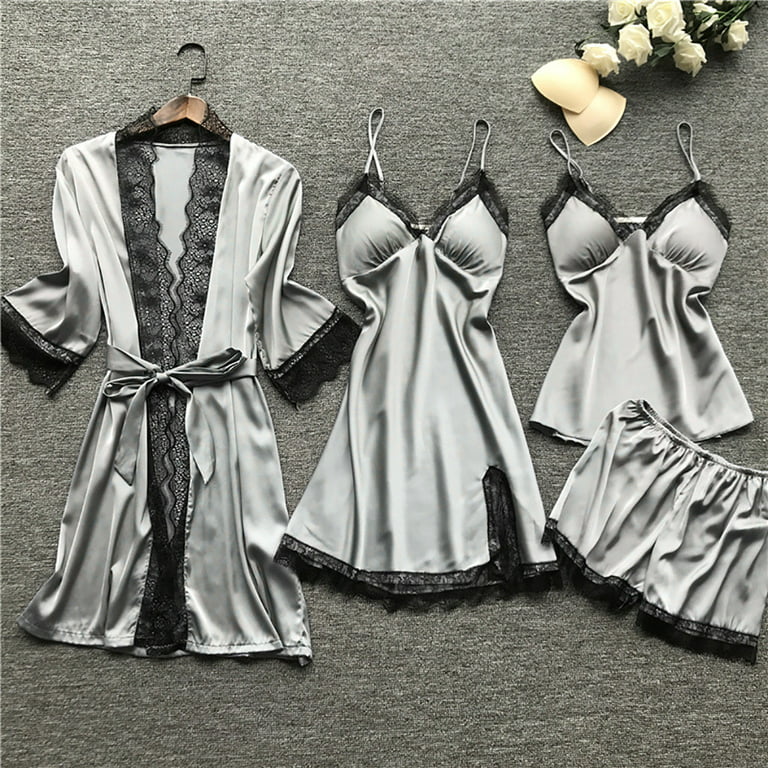 jsaierl Four Piece Sleepwear for Women Sexy Silk Lace Nightdress Comfy Robe  Dress Soft Loose Lingerie Babydoll Dress Set 