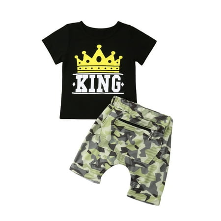 

ZIYIXIN 2Pcs Toddler Kids Boy Summer KING Tops T-shirt Camo Pants Outfits Set Clothes Black 2T