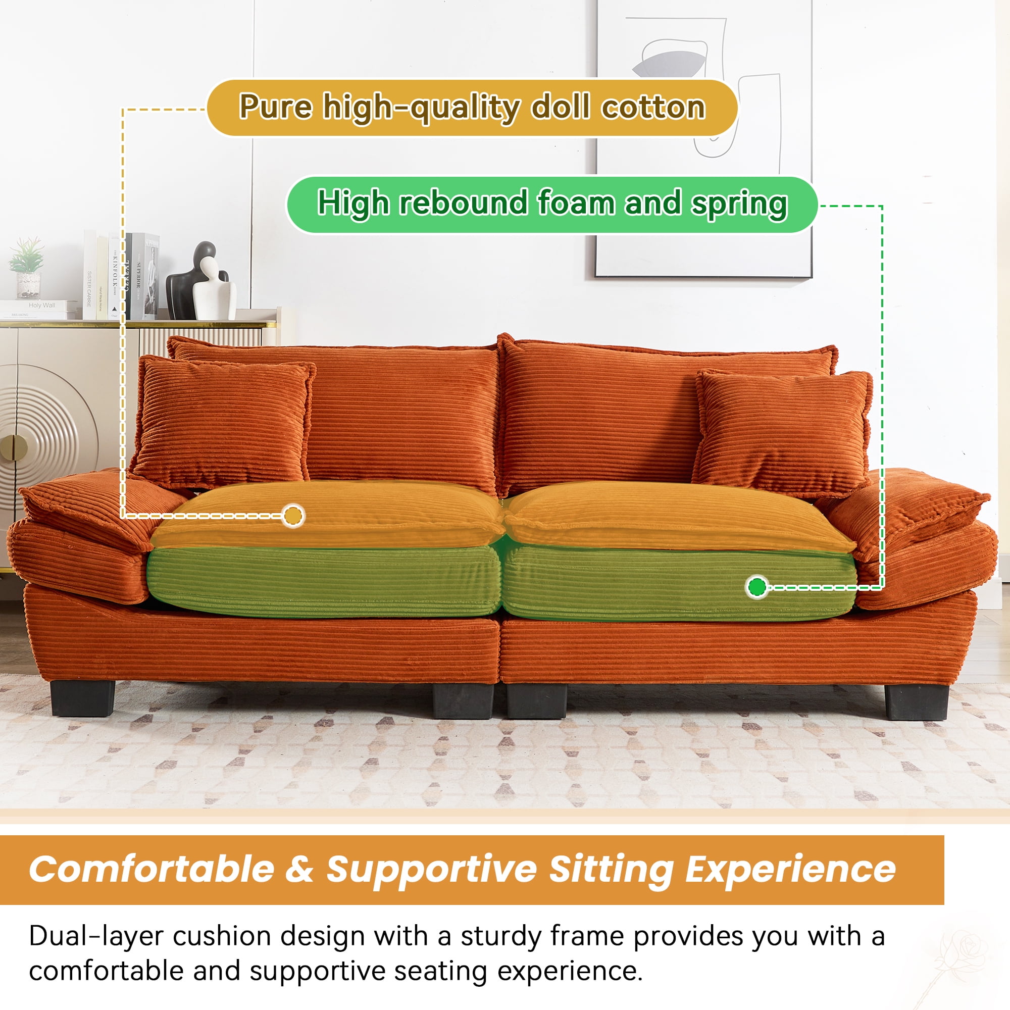 Dinosisco 84"L Deep Seat Sofa, Corduroy Upholstered Sleeper Couch for Living Room, Orange