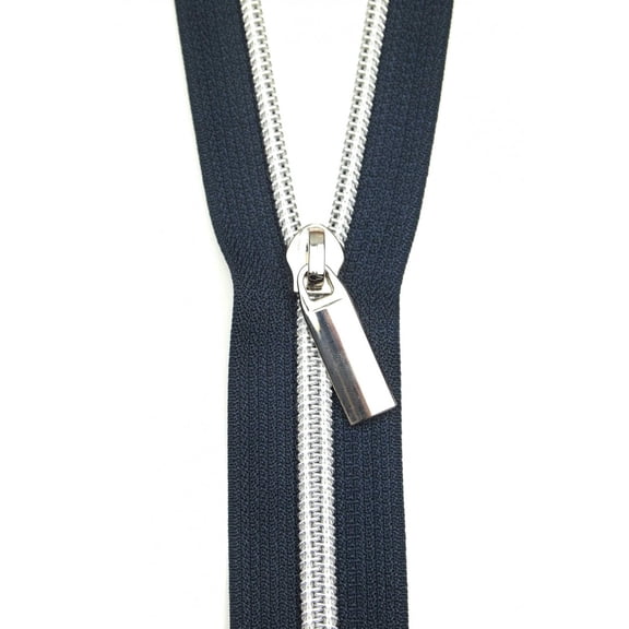 Navy #5 Nylon Nickel Coil Zippers: 3 Yards with 9 Pulls