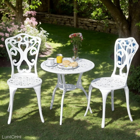 Yardi Yarda 3 Piece All Weather Cast Aluminum Bistro Chairs and Table Set, Table with Umbrella Holes for Outdoor as Yard, White