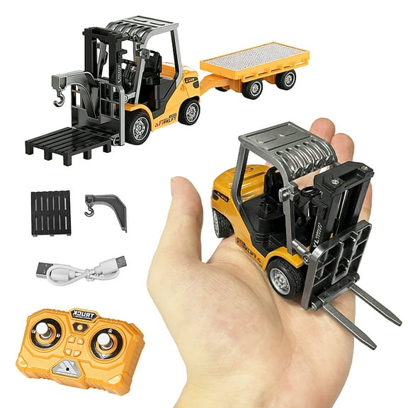 RC Forklift Toys 1/64 Mini Alloy Remote Control Forklift with Flatbed Tow Truck with Rechargeable Battery,Lights & Sounds for Adults Kids Birthday Christmas Gifts