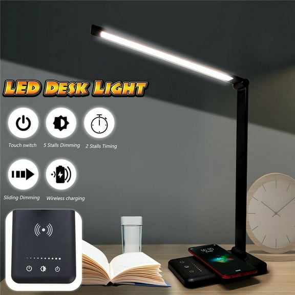 LED Desk Table Lamp w/ Wireless Phone Charger USB Touch Dimmable Reading Light