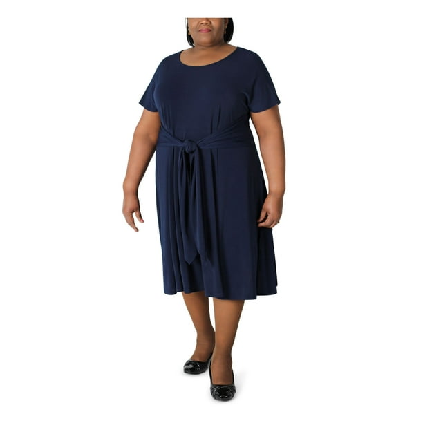 ROBBIE BEE Womens Navy Stretch Belted Handkerchief Hem Unlined