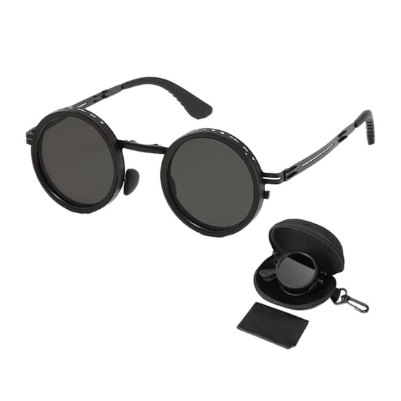 Adjustable Folding Polarized Sunglasses with Stepless Dimming - Round Frame Eyewear for Men and Women for Driving, Cycling, Fishing, Running, and Summer Outdoor Sports, Black-B, 5.12 Inch