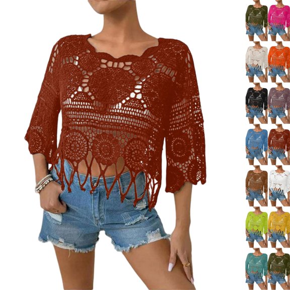 Women's Plain Fringe Trim Cut out Sheer Cover Up, Boho Scallop Trim 3/4 Sleeve Round Neck Cover Up, For Beach Vacation,Red,M