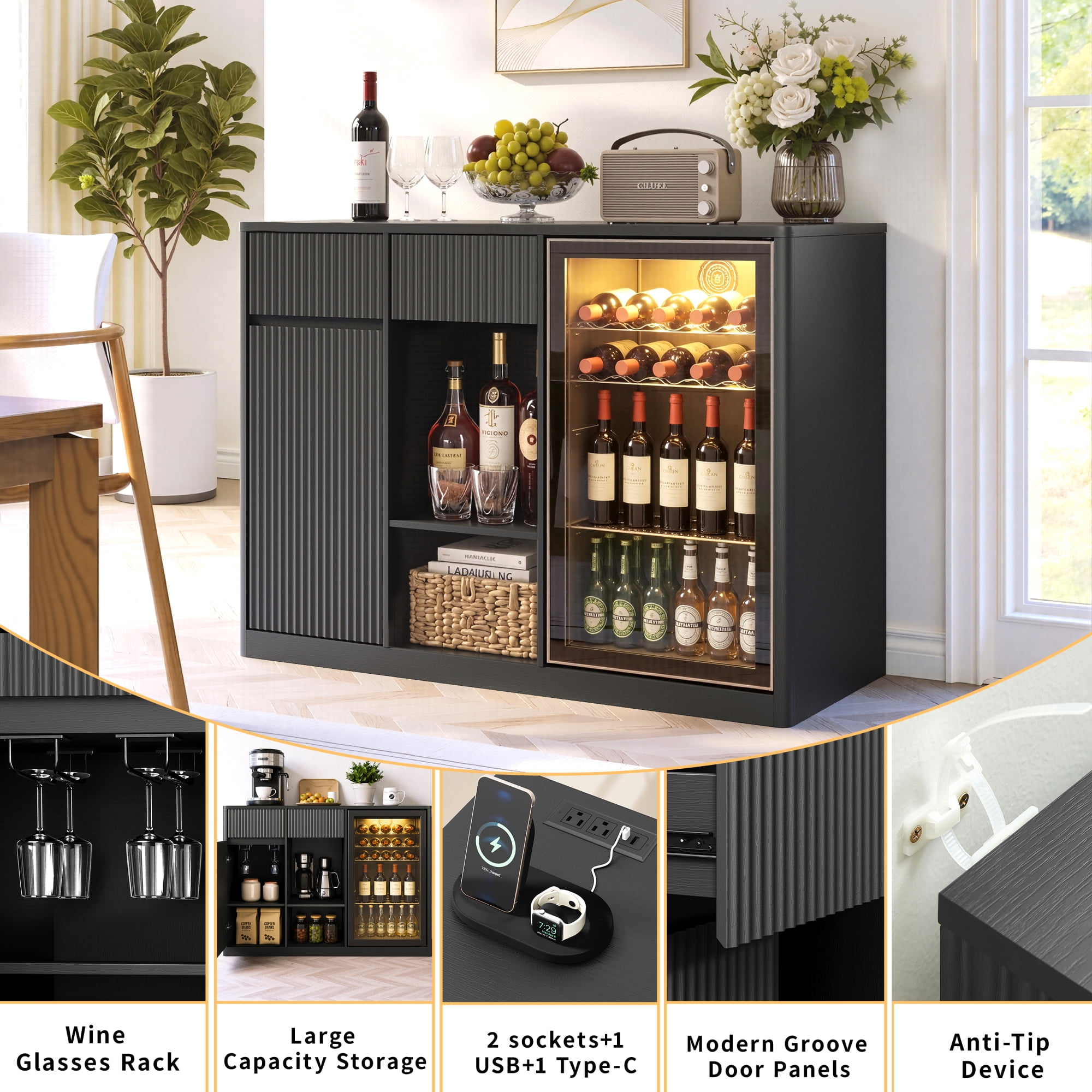 Leumius 51.2" Modern Fluted Bar Cabinet with Fridge Compartment(Fridge Not Included, Adjustable Shelves and Built-in Power Outlets, Multipurpose Wine Storage Cabinet for Living Dining Room Black