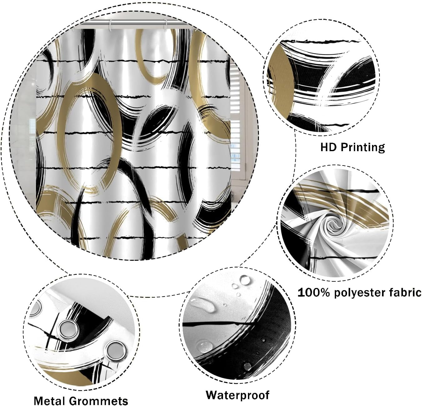 Modern Abstract Style Shower Curtain Black White Round Pattern Geometric Lines Shower Curtains for Art Aesthetic Bathroom Waterproof Fabric Decor Set with Hooks, 36W x 72H Inch