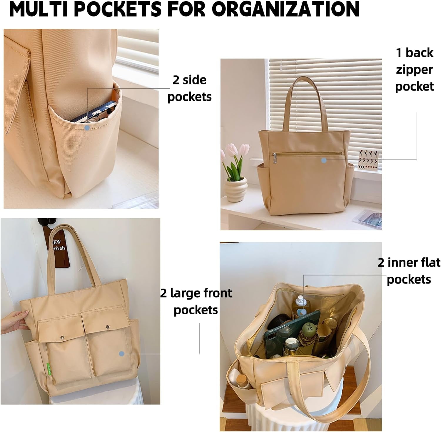 Women Multi Pockets Zipper Waterproof Lightweight Tote Bag Casual Large Shoulder Handbags Cute Canvas College Totes