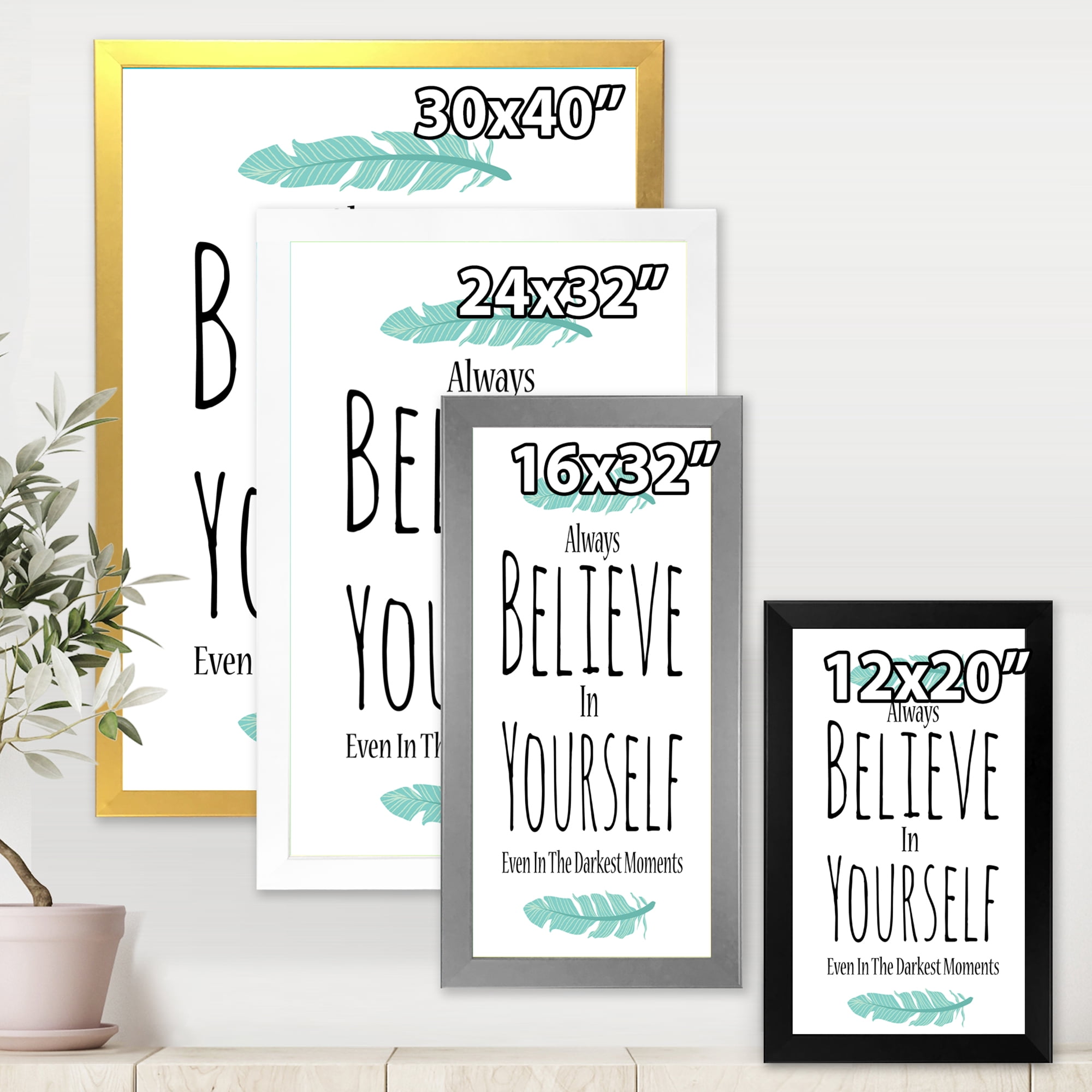 Designart 'Believe In Yourself Quote On White' Traditional Framed Art Print