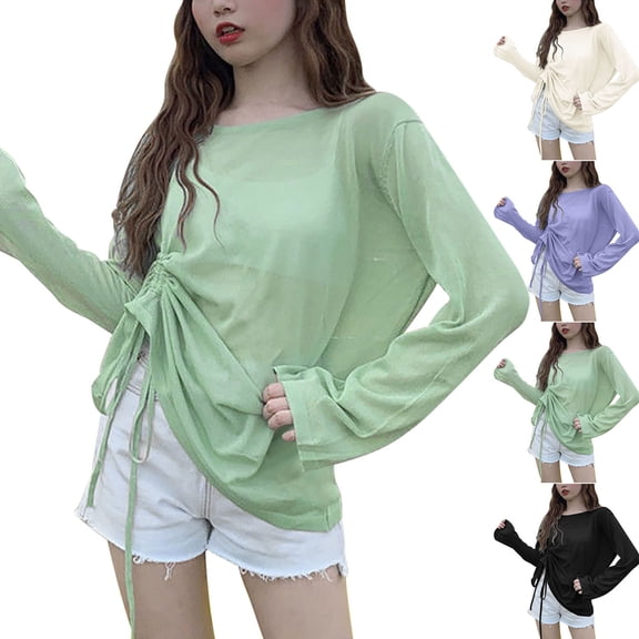 Qzwdhjm Beach Coverup for Women Long Sleeve Lightweight Cover Up Tops Crewneck Drawstring Side Swimsuit Coverups for Summer Loungewear