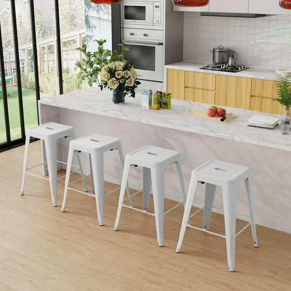 24 Inches Metal Bar Stools Outdoor Stools Bar Height High Backless Stools Indoor Stackable Kitchen Stools Set of 4 Metal Dining Chairs for Patio Home Classroom Stools, White