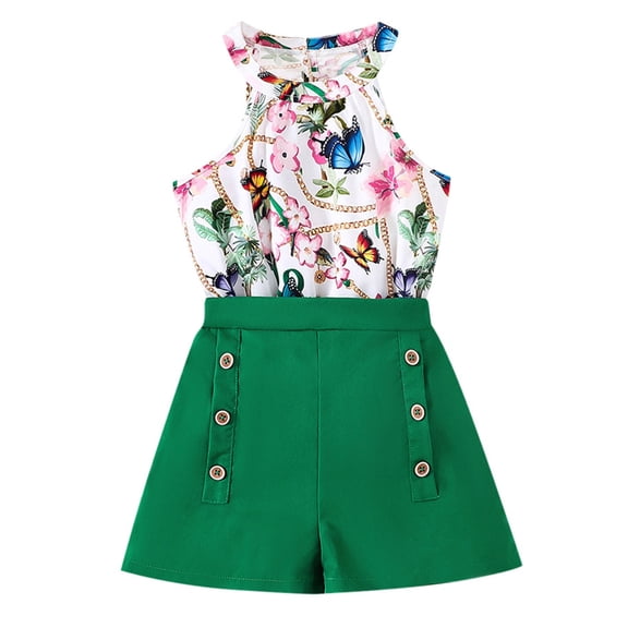 Big Girls Outfit Sets Middle Neckline Top Double Shorts Boys and Girls Outfits,Green,Size 11 -12 Years