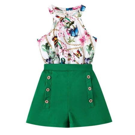 sususu Stylish Girls Outfits 2 piece Summer Outfit Set with Double Top and Casual Shorts for Ages 5 to 14 Years Green 5-6Years