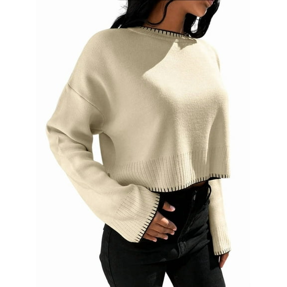 Women'S 2025 Fall Crew Neck Cropped Sweater Oversized Ribbed Knit Pullover Tops Khaki One size