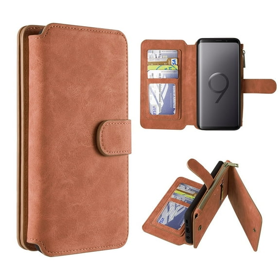 GSA Luxury Leather Flip Wallet Case For Samsung Galaxy S9 - Brown