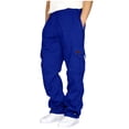 thumbnail image 3 of Men's Wide Leg Cargo Pants High Waisted Drawtring Baggy Adjustable Casual Loose Fit Warm Trousers Hiking Work Pant with Multi Pockets Royal Blue L, 3 of 9