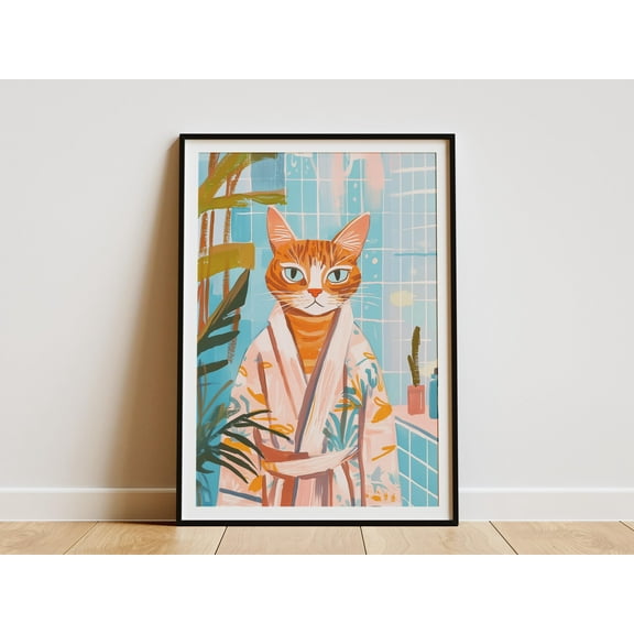 Bengal Cat Bathrobe Bathroom Art Print Humorous Feline Wall Decor Funny Animal Poster Whimsical Cat Lover Gift Modern Art - Poster Unframed