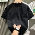 thumbnail image 4 of Skymirror Summer Couple T-shirt Rhinestone Decor Round Neck Plus Size Short Sleeves Loose Pullover Solid Color Mid Length Unisex Daily Top, 4 of 8