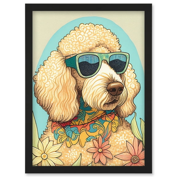 Poodle Dog with Sunglasses and Bandana in Daisies Modern Multicoloured Illustration Artwork Framed Wall Art Print A4