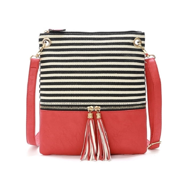 Bolso bandolera de hombro con costuras de PU a rayas blancas y negras