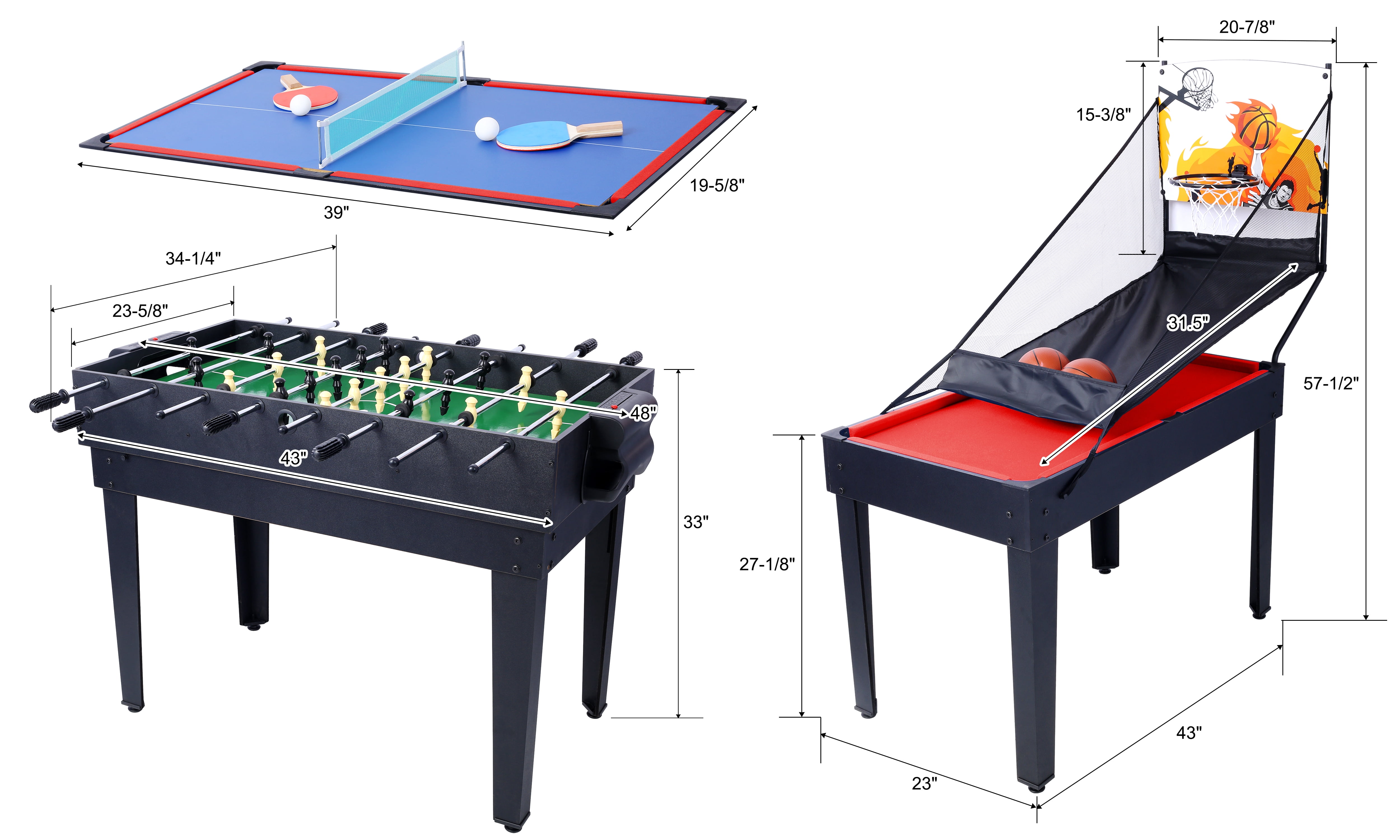 5-in-1 Multi-Game Table for Indoor Sports - Billiards, Push Hockey, Foosball, Ping Pong, Basketball | Black/Red Design