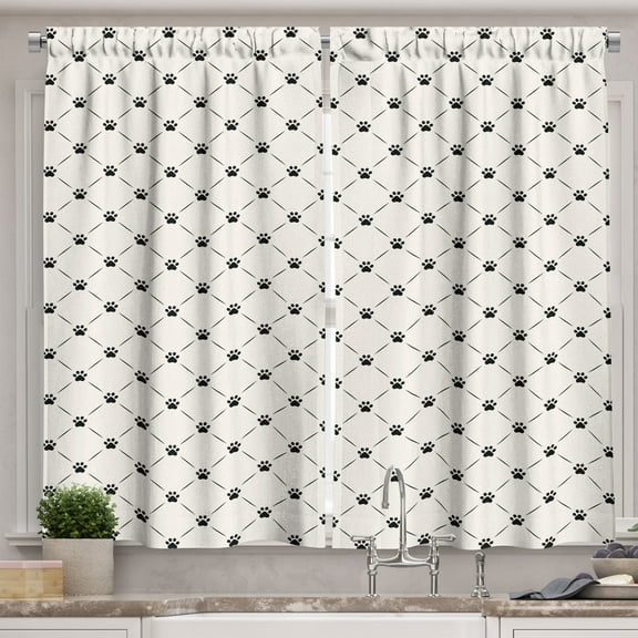 Ambesonne Cat Kitchen Curtains, Checkered with Paw Prints, 55"x45", Cream Black