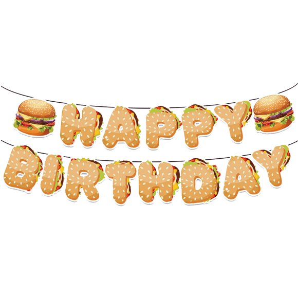 Banner de cumpleaños con temática de hamburguesa Okayski para decoración de fiesta