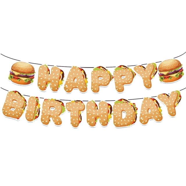 Banner de cumpleaños con temática de hamburguesa Okayski para decoración de fiesta