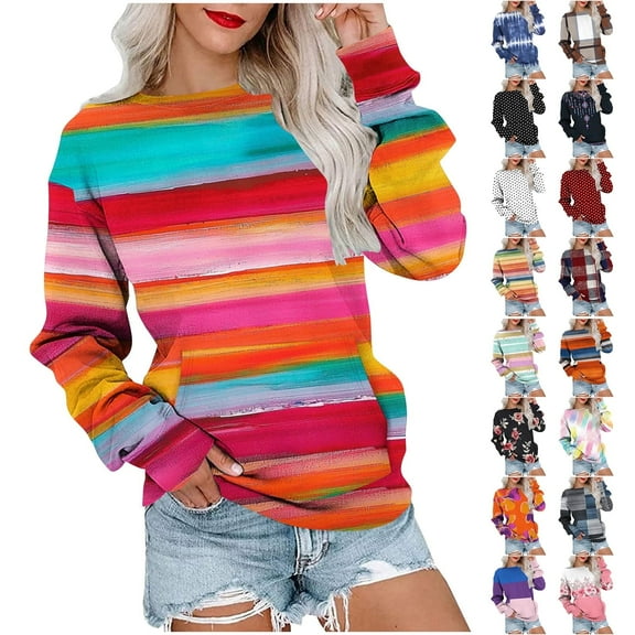 JTZGDY Fall Crewneck Sweatshirts for Women Loose Fit Casual Striped Color Block Printed Long Sleeve Graphic Pullover Tops Fashion Outfit 2025 Clothes Navy#01 L