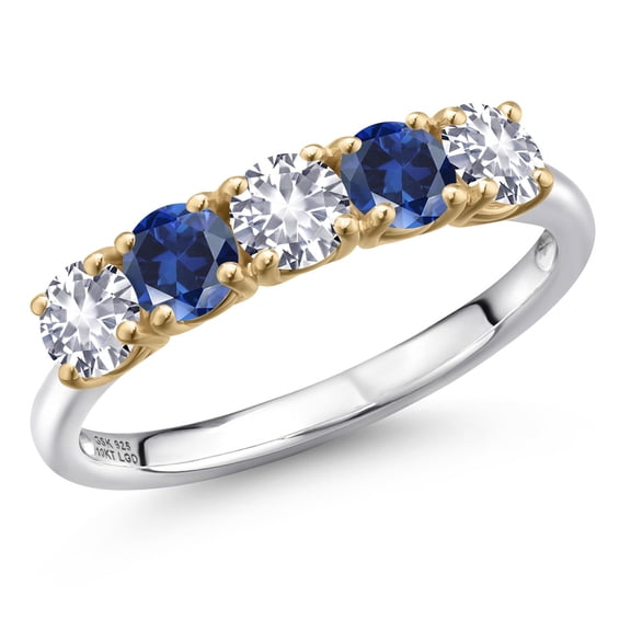 Gem Stone King 925 Silver and 10K Yellow Gold White Created Sapphire and Blue Created Sapphire Wedding-Bands Ring for Women | 1.25 Cttw | Round 4MM | Gemstone September Birthstone | Size 7
