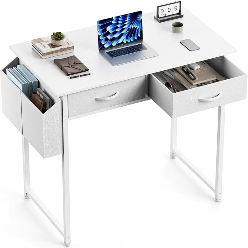 Kelno 32 Inch Computer Desk with 2 Fabric Drawer Storage Bag Iron Headphone Hook Vanity Writing Table, White