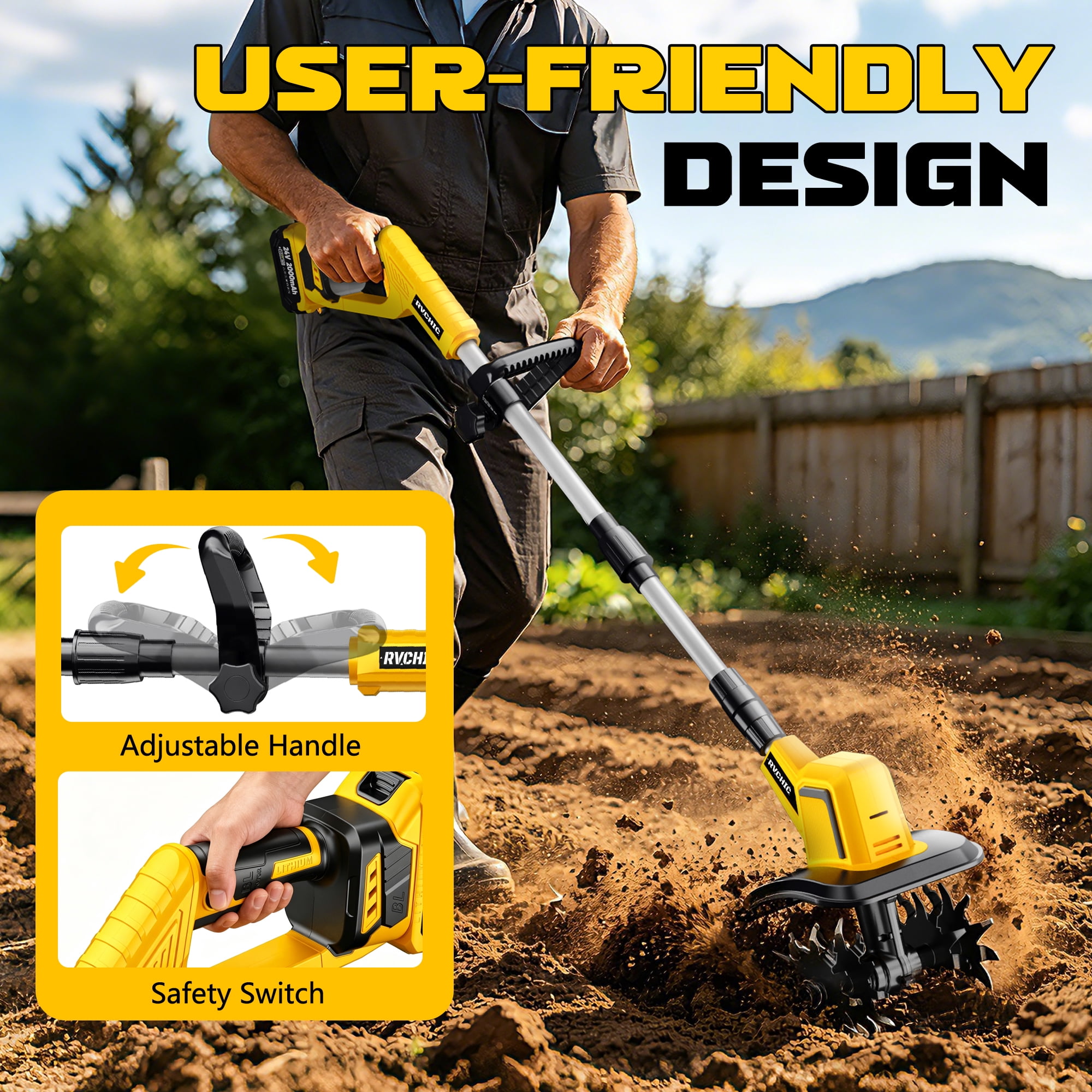 Rvchic 24V Cordless Tiller Cultivator with 2x2000mAh Batteries,360RPM High-Speed,4"Width x 6"Depth for Lawn/Gardening/Soil Cultivation 4 Blades