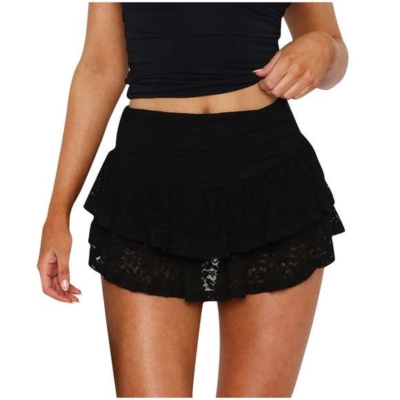 Women Lace Tiered Mini Skirt Summer Ruffled Pleated Lace Slip Skirt Flowy Short Skirts Underskir Lace Mini Skirt Pleated Skirt Women Black S