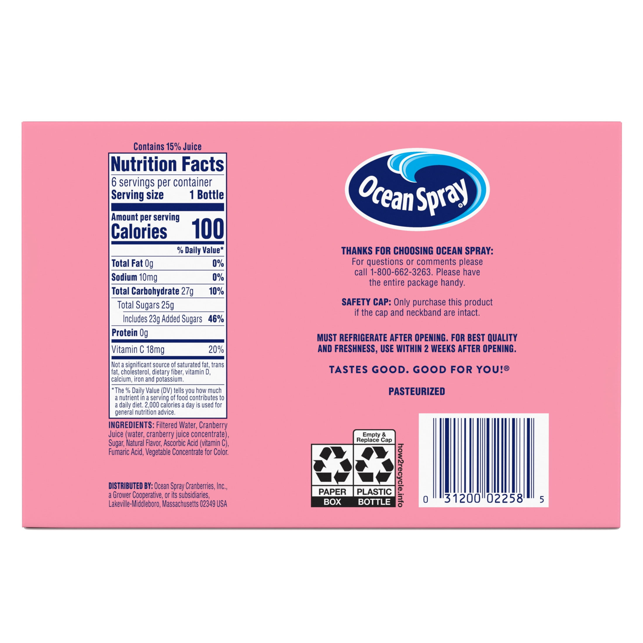Ocean Spray(R) Pink Cranberry Juice Cocktail, 10 fl oz Bottles, 6 Count
