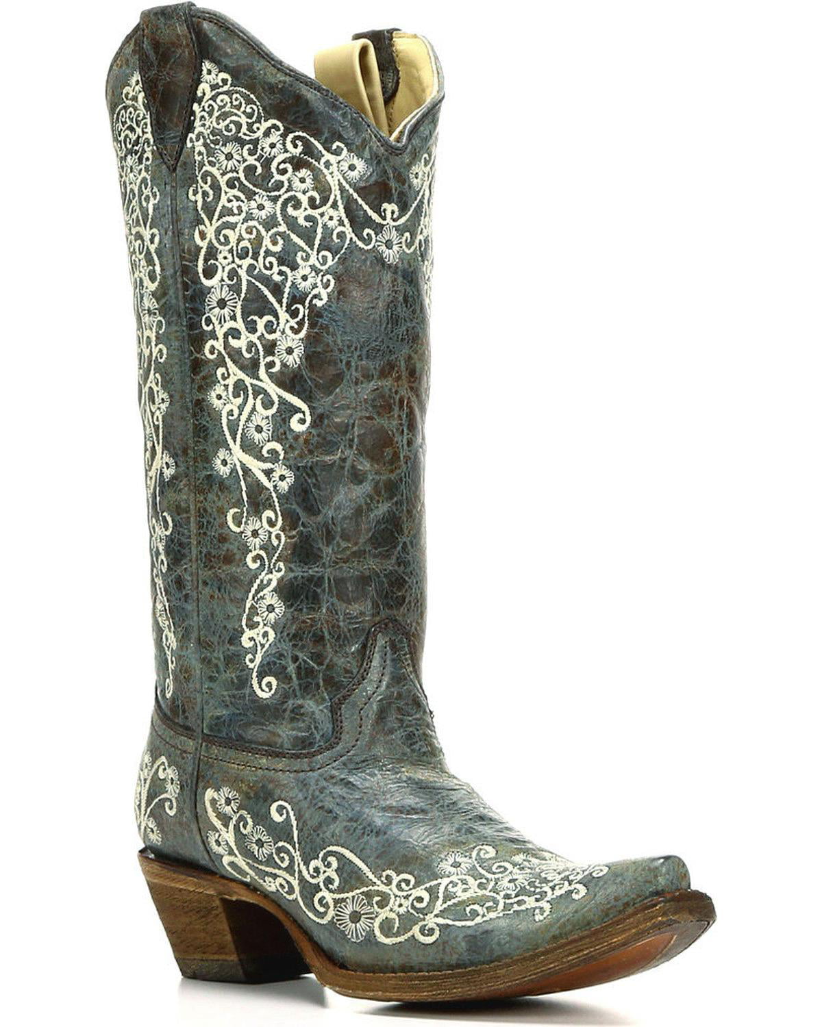 Corral Women's 12-inch Brown Turquoise/Beige Embroidery Snip Toe Pull ...