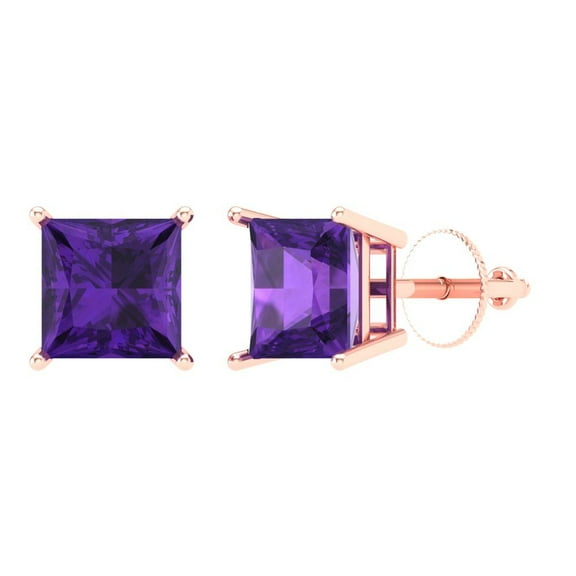 4 ct Screw-Back Stud Earrings for Women | 7.0mm Princess Cut Natural Amethyst | 18K Rose Gold