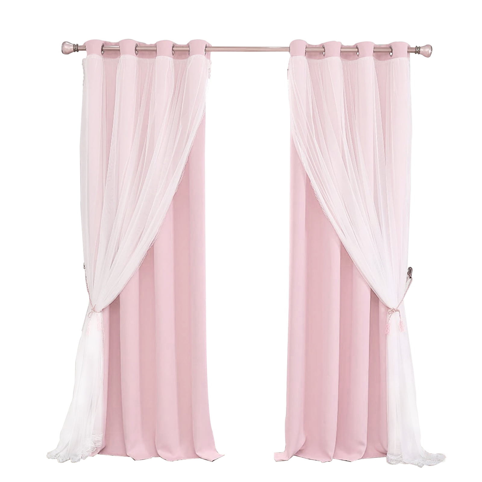 Pink Curtains 63 Inch Long- Blackout Curtains with Voile Sheer Drapes Thermal Pink Window Treatments with Tie-Backs for Kids/Girls Bedroom Nursery Living Room, Elegant, 1 Panel