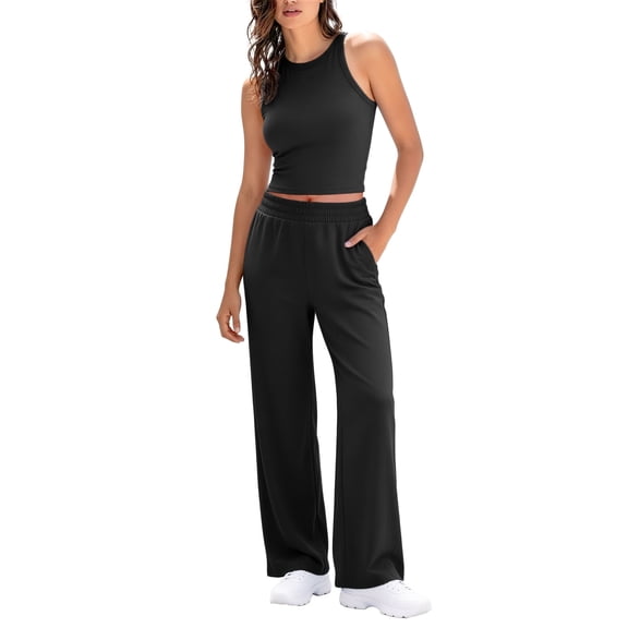 Women's 2 Piece Lounge Set Sleeveless Tank Top Wide Leg Pants with Pockets Casual Travel Matching Tracksuit Outfits