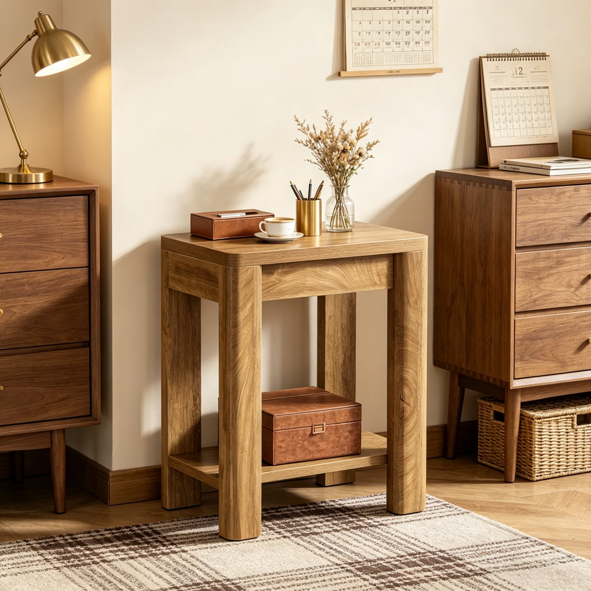 Wooden End Table with Storage Shelf, Farmhouse Side Table for Living Room