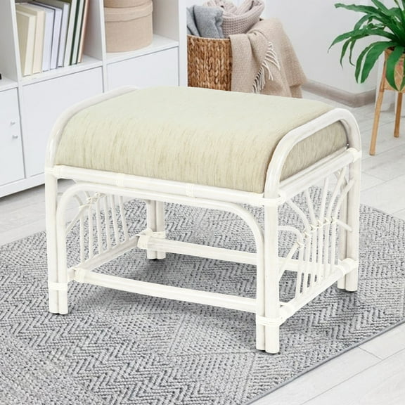 SK New Interiors Krit Ottoman Footstool ECO Natural Rattan Wicker w/ Cream Cushion, White Wash