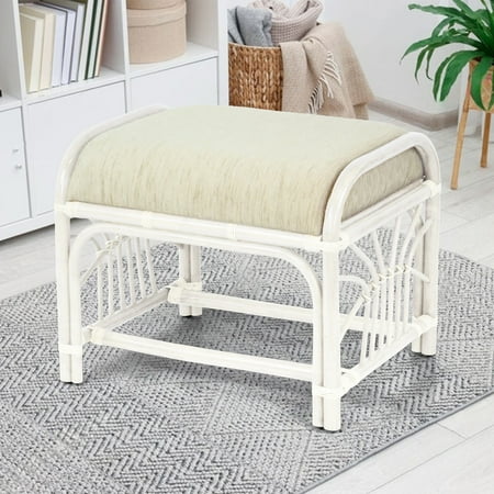 SK New Interiors Krit Ottoman Footstool ECO Natural Rattan Wicker w/ Cream Cushion White Wash