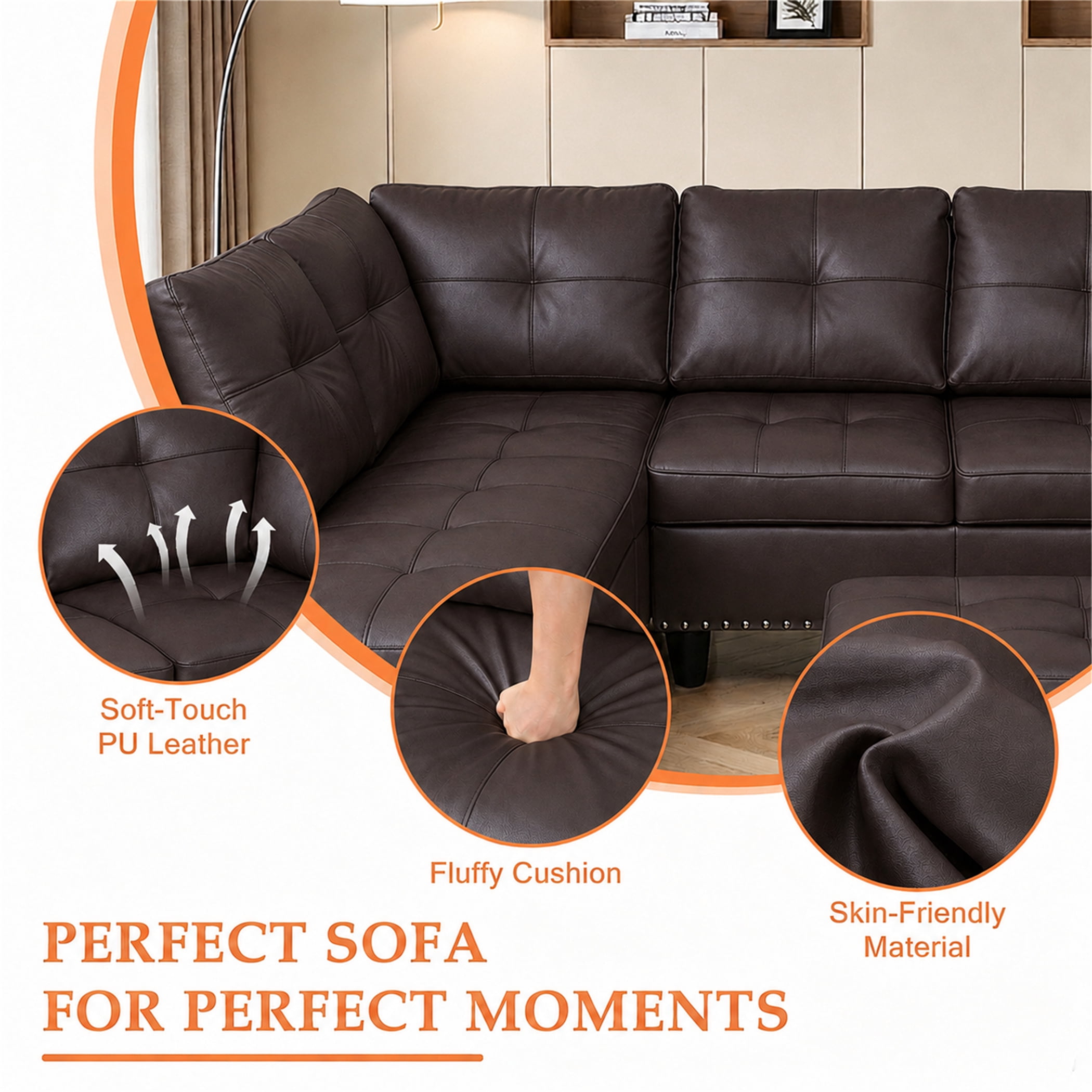 Aukfa 98" L Shaped Sectional Couch with Cup Holder Console, Tufted Back&Nailhead Trim, Oversized Left Chaise Leather Sofa for Living Room, Brown