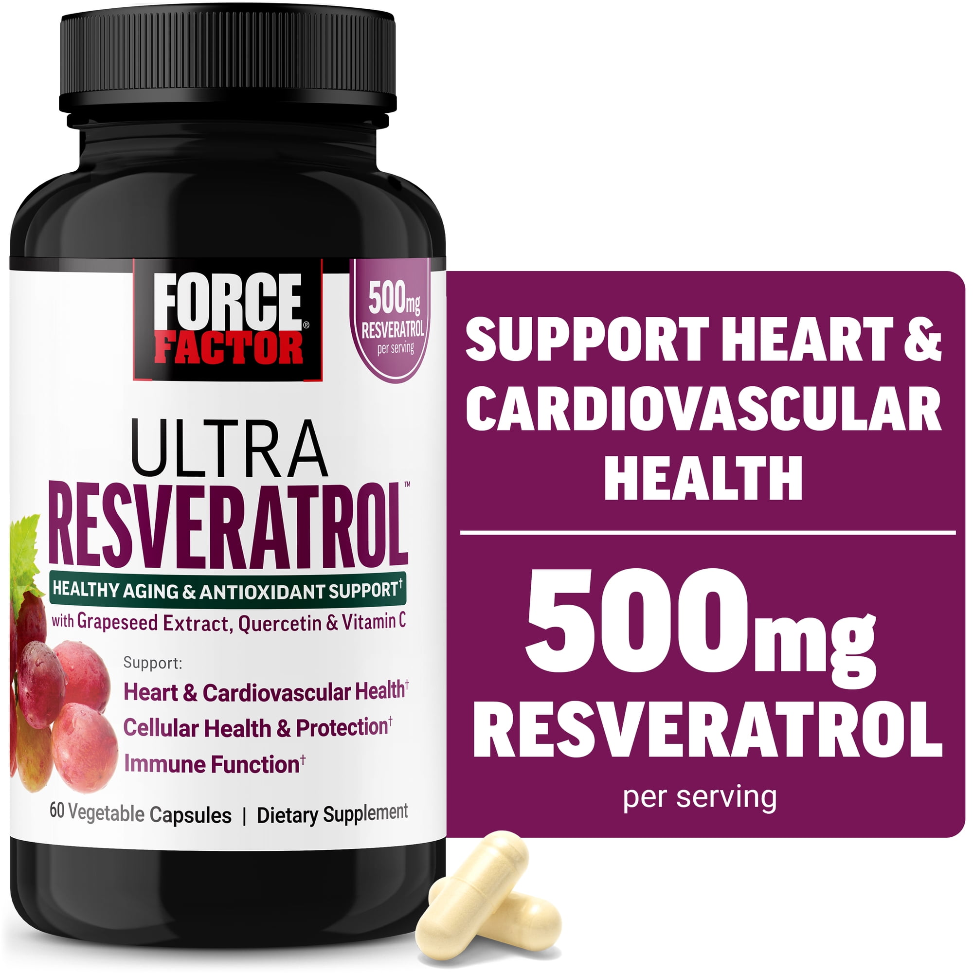 Force Factor Ultra Resveratrol, 500mg Trans-Resveratrol with Grapeseed Extract, Quercetin & Vitamin C, Antioxidant Supplement for Healthy Aging & Cellular Protection, 60 Capsules