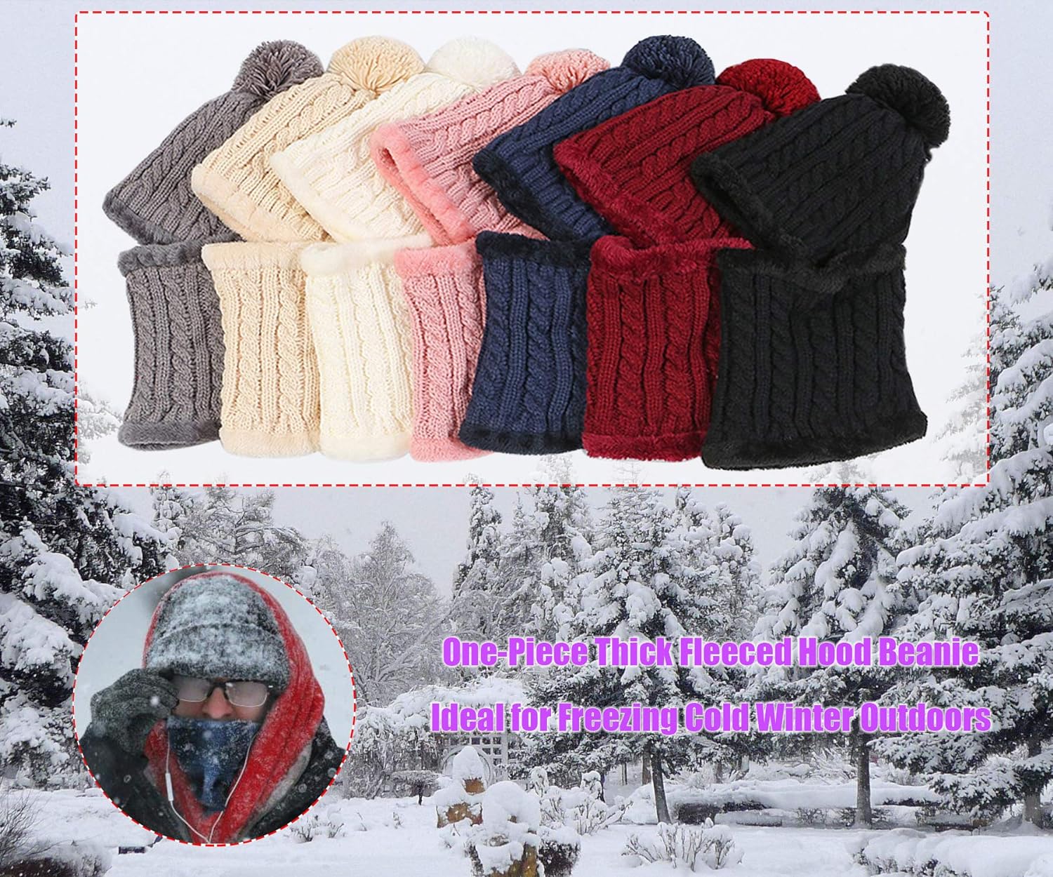 YooGuoGuo Women Winter Beanie Hats One Piece Fleece Lined Knit Balaclavas Mask Set Skull Neck Circle Scarf Ski Snow Hat Pompom