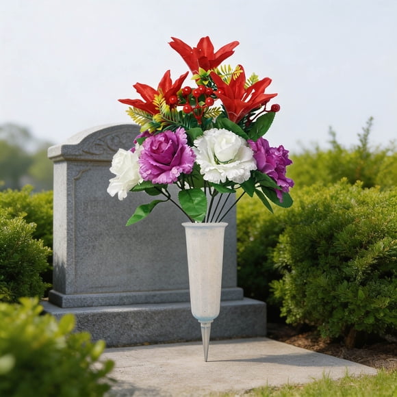 Artificial Peacock Rose Bouquet with Vase, Floor-Standing Memorial Cemetery Flower Arrangement for Outdoor Holiday and Grave Decoration, 1 Piece